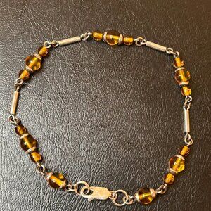 Sterling Silver Bracelet with Amber Colored Beads - 8" Length